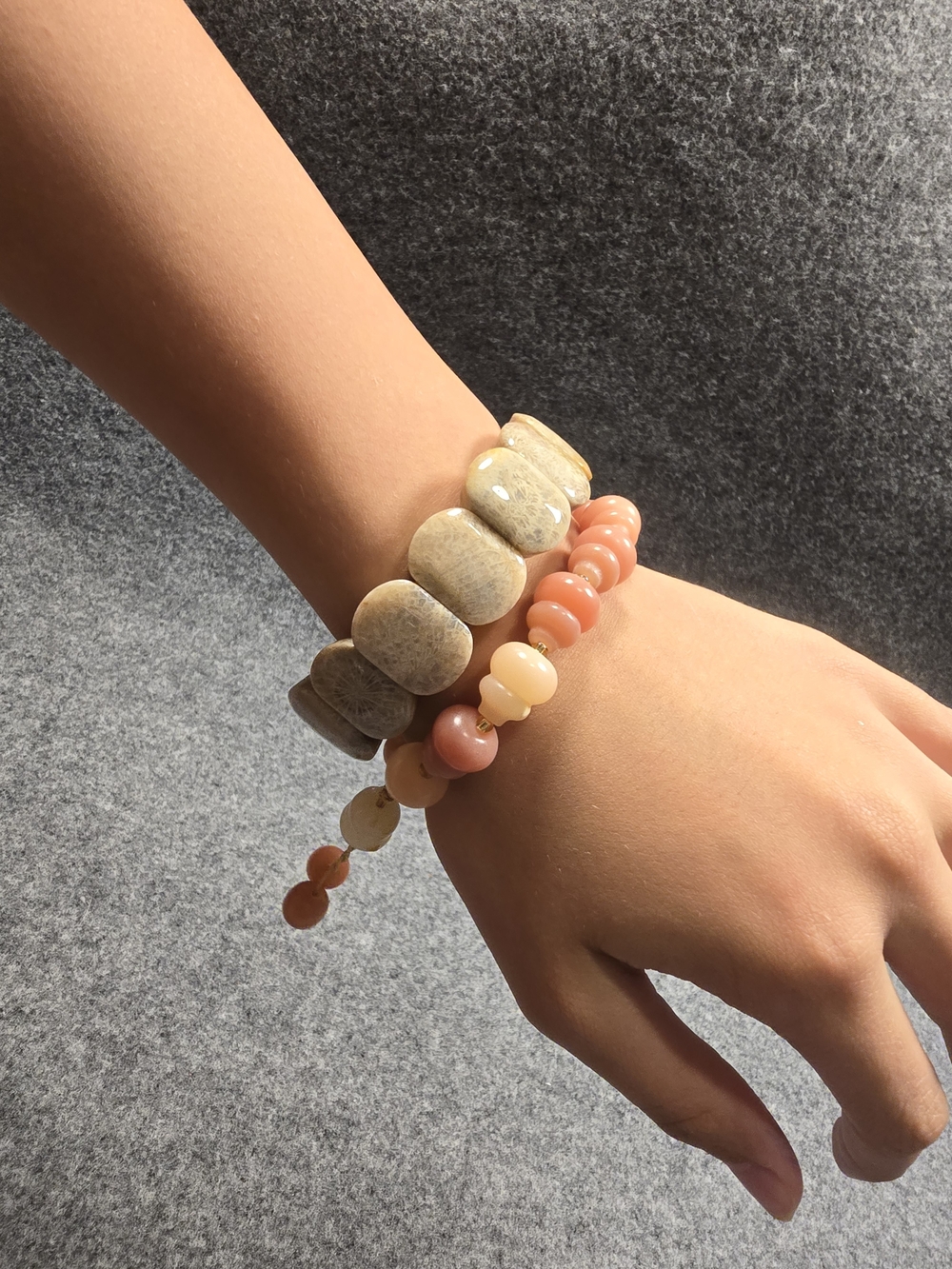 Handmade Peach and Beige Stone Beaded Bracelet Set